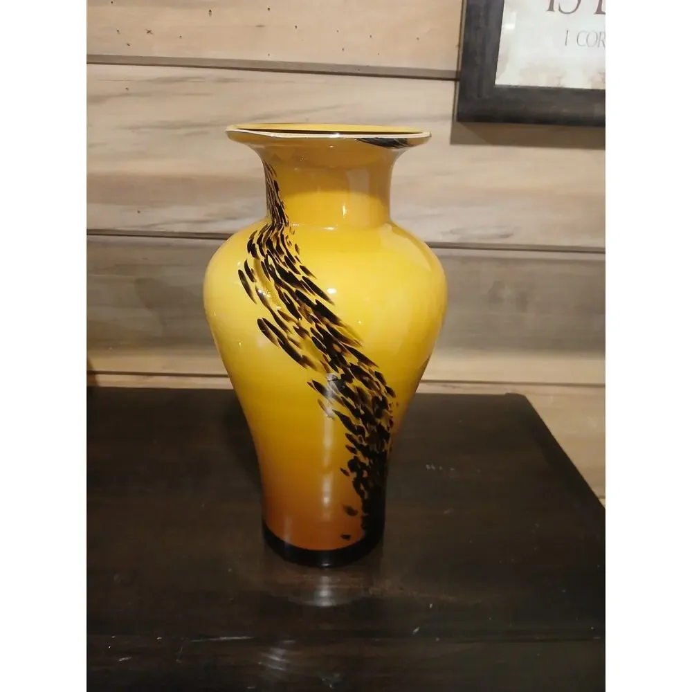 VTG Italian Style Art Glass Vase Tortoiseshell Leopard Butterscotch Yellow 12 